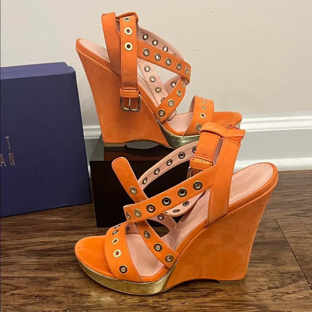 Stuart Weitzman Vibrant Orange Wedge Sandal Heels - Picture 4 of 6